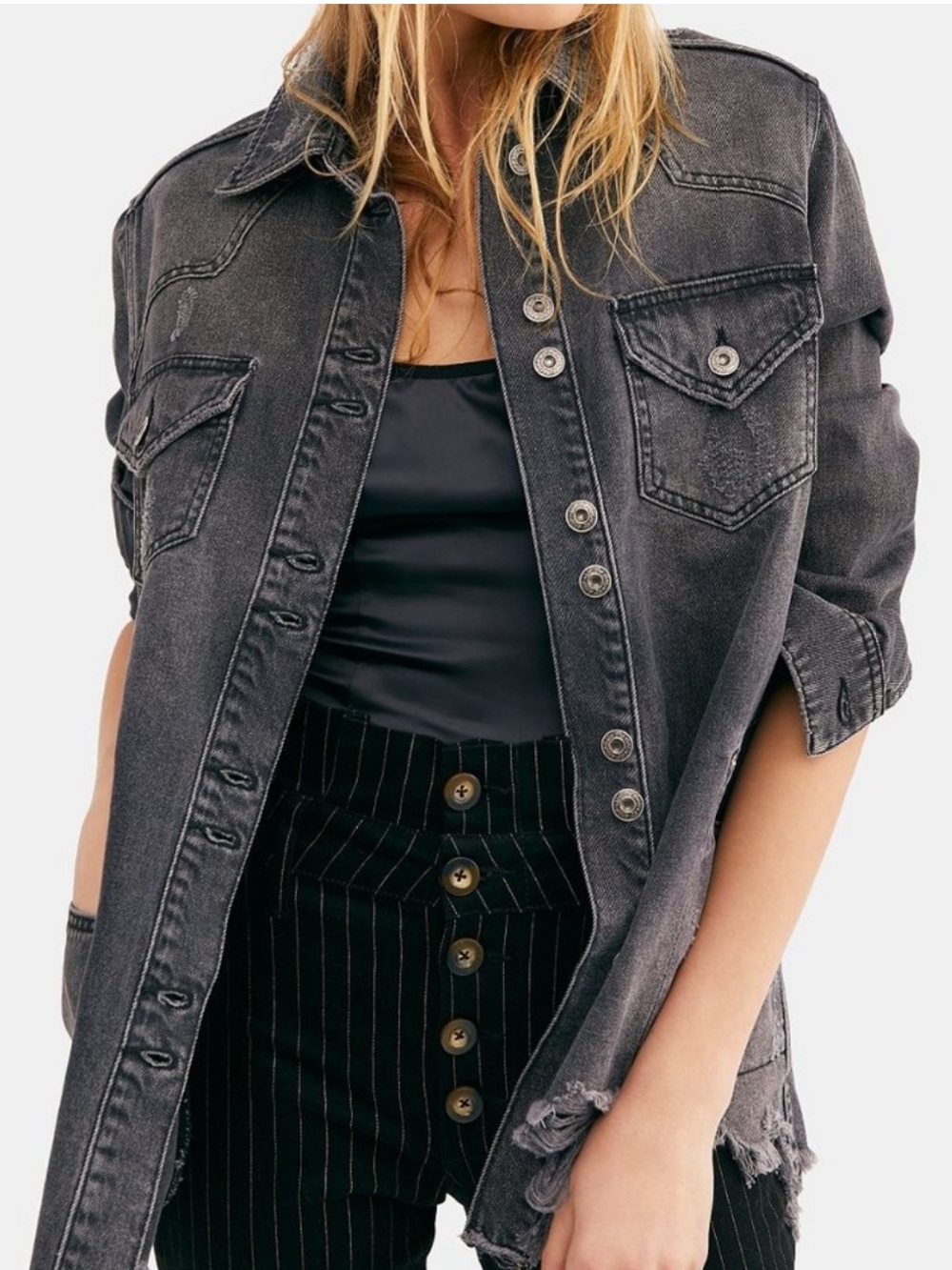 Free People Moonchild denim shirt jacket moon dust grey Distressed medium - Picture 1 of 10